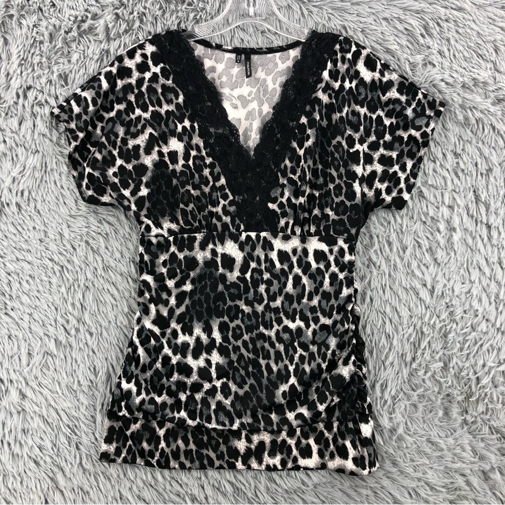 Maurices Blouse Womens Small Vneck Lace Trim Cinch Waist Cheetah Print Rouche